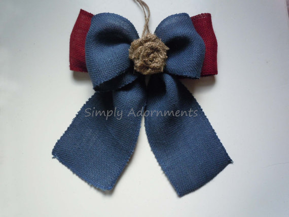Свадьба - Red Blue Patriotic Burlap Bow Rustic Burlap Rosette Wedding Pew Bow July 4th Independence Day Burlap Wreath Bow