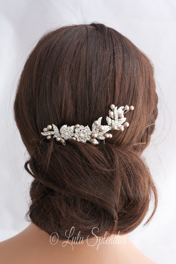 Mariage - Wedding Hair Comb Bridal Hairpiece Champagne Pearl Leaf Comb Vintage style Powder Almond Swarovski Pearl Wedding Hair Accessories MIER SMALL