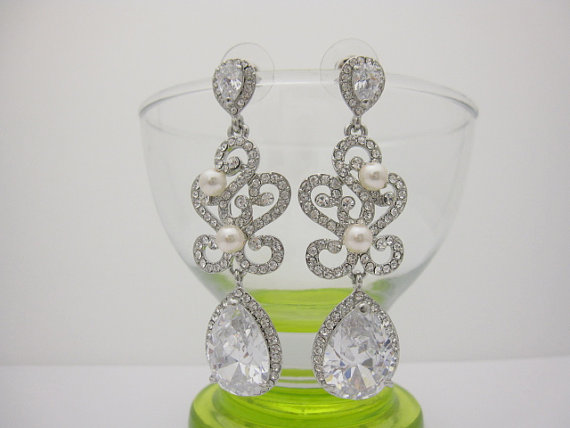 Hochzeit - Wedding Earrings Platinum plated Zirconia Earrings Wedding Jewelry Bridesmaid Earrings Bridal Earrings Wedding Accessory Bridal Jewelry