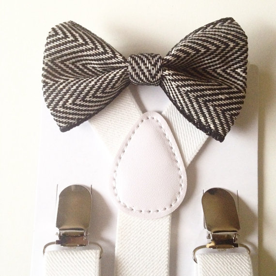 Wedding - Suspender & Bowtie set Black and White Baby bow tie Suspenders Chevron Boys Bowties white Toddler Necktie Men bowtie Wedding Ring Bearer 