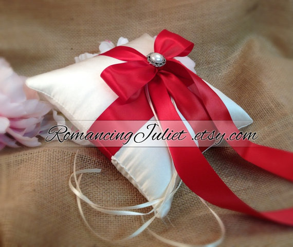 Свадьба - Romantic Elite Ring Bearer Pillow with Delicate Pearl Accent...You Choose the Colors..BOGO Half Off...shown in ivory/red