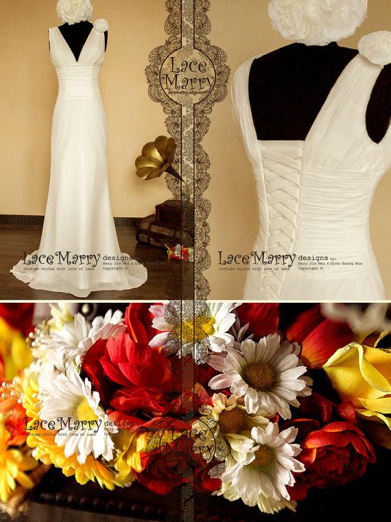 Свадьба - Minimalist Design Light Chiffon Wedding Dress in Sheath Style, Features Deep V-Cut neckline and Flower Decoration on the Shoulder