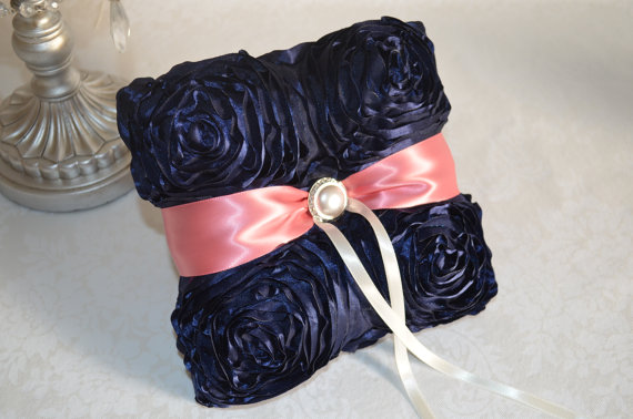 Hochzeit - Navy and coral wedding ring pillow-rosette ring cushion, pearl brooch 