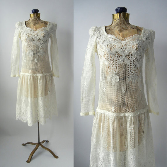 Wedding - Vintage White Flapper Style Dress, Crochet Lace 70s Dress, 1970s White Lace Dress, 1920s Style Lace Dress, White Vintage Lace Wedding Dress