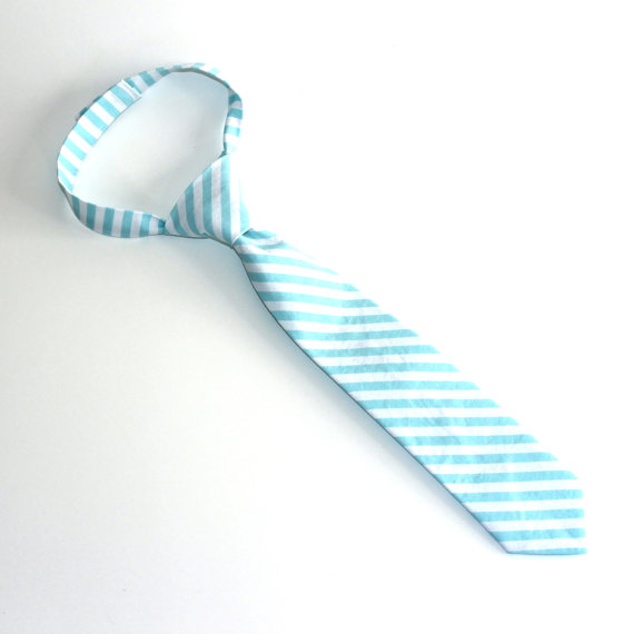 زفاف - Aqua and White Stripe Kid's Tie - Boy's Necktie - Turquoise Blue Ring Bearer Tie
