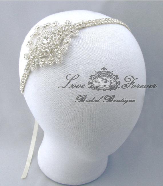 زفاف - Crystal Rhinestone Headband, Wedding Jeweled Bride Hair Accessory, 35 Satin Ribbon Color Choices / Ivory / Champagne Bridal Head Piece