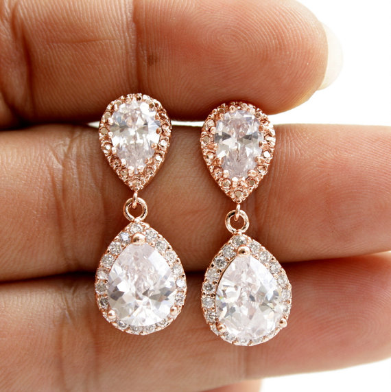 Wedding - ROSE GOLD Wedding Jewelry Bridal Earrings Clear Cubic Zirconia Posts Crystal Teardrop Wedding Earrings Pink Gold