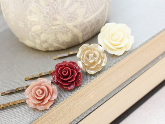 Свадьба - Rose Bobby Pins Romantic Flower Hair Accessories in Dusty Rose Pink Deep Red Gold Cream Vintage Style Country Chic Wedding - Set of Four (4)