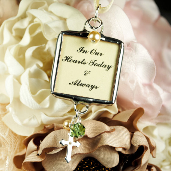 Mariage - Vintage Wedding Bouquet Photo Charm with Silver Cross