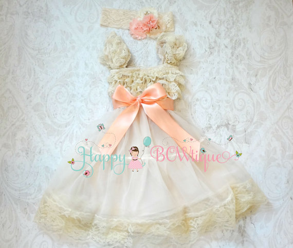 Hochzeit - Flower girls dress- Blush Champagne Peach dress,Girls Lace Chiffon Dress set,Birthday,rustic dress,Flower girl lace dress, Baby Girls dress