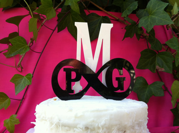 Hochzeit - Acrylic Infinity and 3 Initials Personalized Monogram Letter Custom Wedding Cake Topper