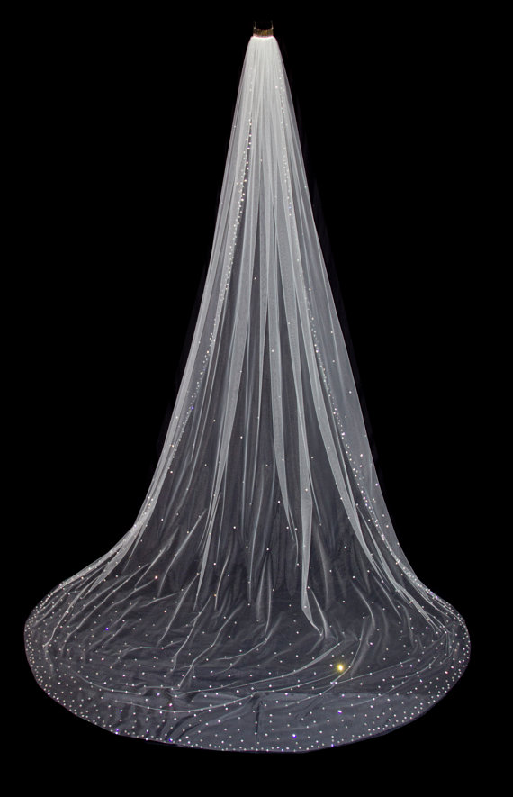 زفاف - Cathedral Length Wedding Veil with Crystal Edge and Scattered Crystals, Crystal Bridal Veil, White Diamond Ivory Veil, Style 1034