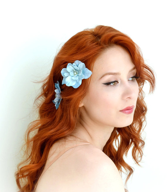 Wedding - Blue flower clips, floral hair clips, flower bobby pins, bridal hair, wedding hair accessories