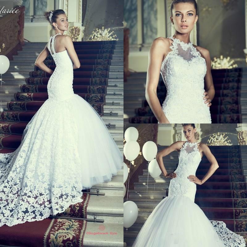 Hochzeit - Glamourous 2015 Lace Appliqued Wedding Dresses Fall Jewel Neck Sheer Court Train Mermaid Bridal Gown Dress Custom Lace Up Back Chapel Online with $136.18/Piece on Hjklp88's Store 