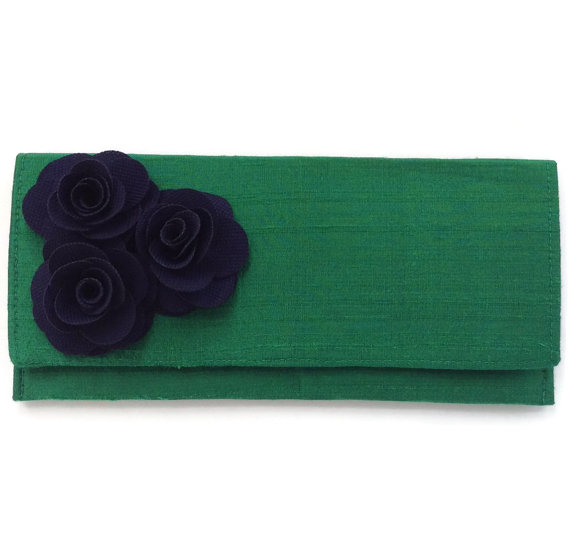 Mariage - Emerald green and navy blue bridesmaid clutch // floral rose wedding clutch purse // custom colors available