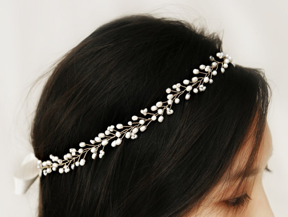 زفاف - Bohemian Bridal Freshwater Pearl Hair Vine, Halo Headpiece, Crown Bridal Hair Accessories