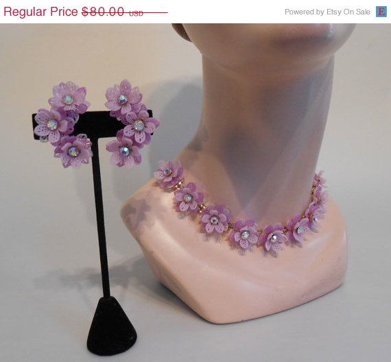 Hochzeit - EASTER SALE 25% OFF Luscious Lilac Bouquets - 1950s Soft Plastic Filigree Choker & Clip Earring Set in Lightest Lilac