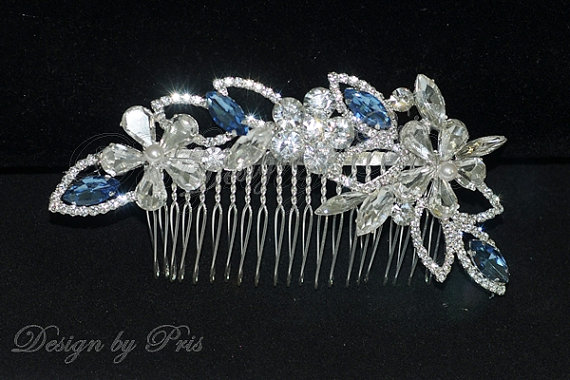 Mariage - NEW Bridal Accessories Wedding Hair Accessories Bridal Rhinestone and Swarovski  White Pearls Comb. Something Blue. Sapphire Rhinestone Comb