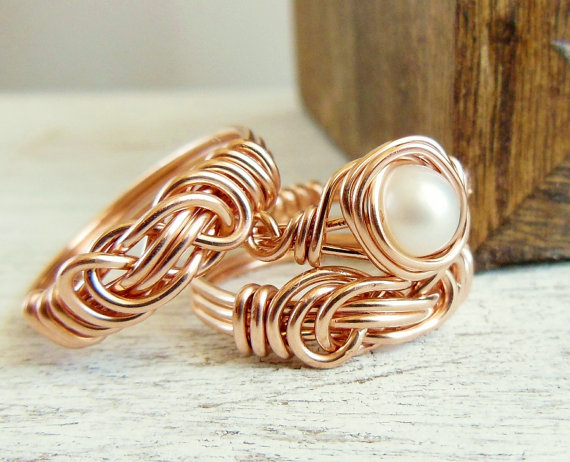 Hochzeit - Rose Gold Rings Pearl Engagement Ring Infinity Knot Wedding Band Set Pink Gold-Filled