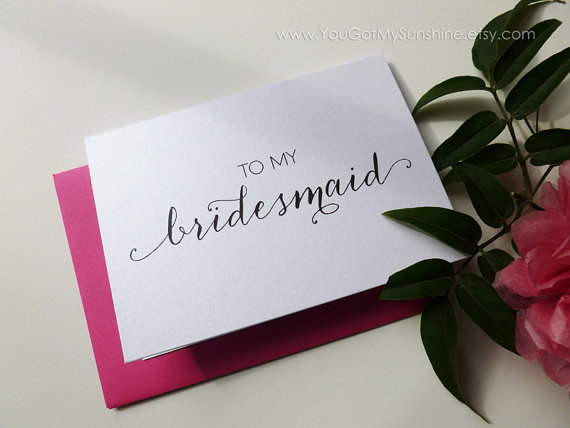 زفاف - Bridesmaid Thank you Wedding card, A2, Junior bridesmaid  Maid of Honor Matron Flower Girl, Pink, Purple, Calligraphy Style - ANITA