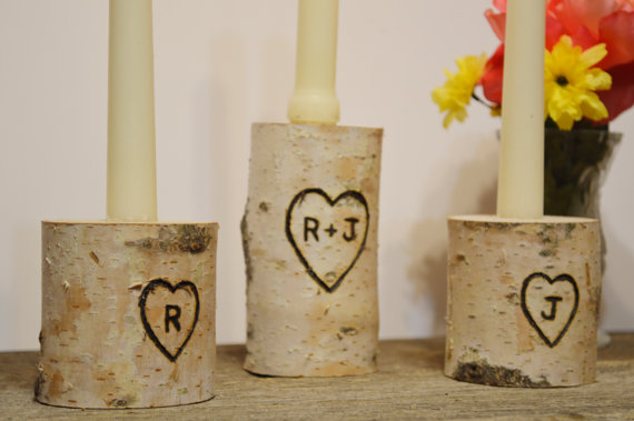 Mariage - Unity Candle Holder Set, Personalized Birch Wood Wedding Unity Candle, Country Rustic Wedding Ceremony