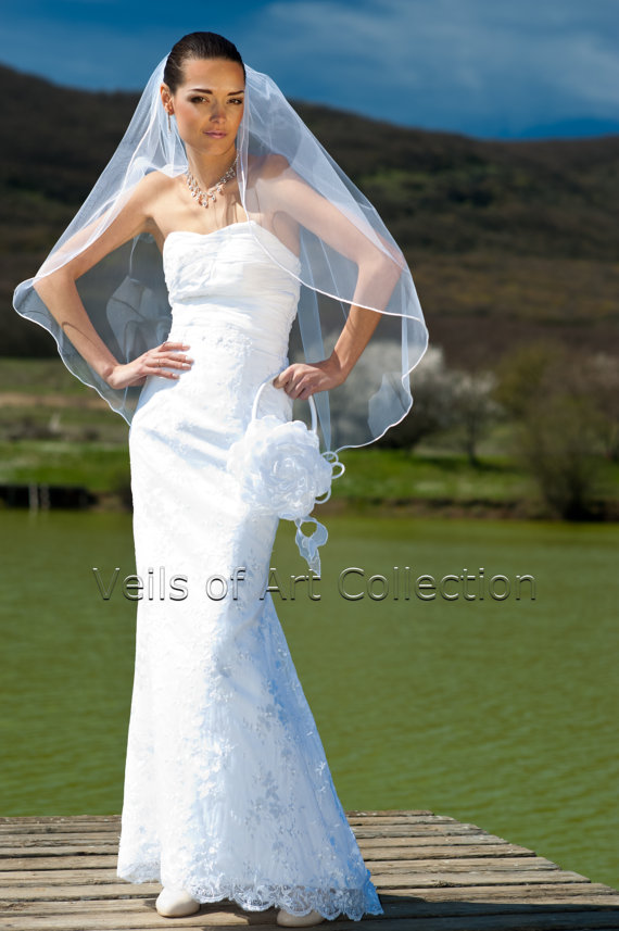 Hochzeit - NWT 1T Fingertip Bridal Wedding Veil 1/8" Satin Cord Trim VE219 white ivory NEW
