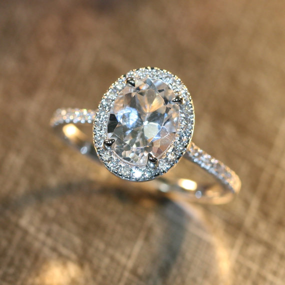 Wedding - Halo Diamond Engagement Ring with 9x7mm Oval White Topaz in 14k White Gold Pave Diamond Wedding Band (Bridal Wedding Set Available)