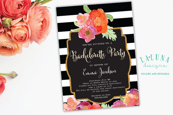 Hochzeit - Bachelorette Party Invitation, Black & White Stripe, Floral Glitter Bachelorette Invitation, Hens Party Invitation, Glitter Invitation