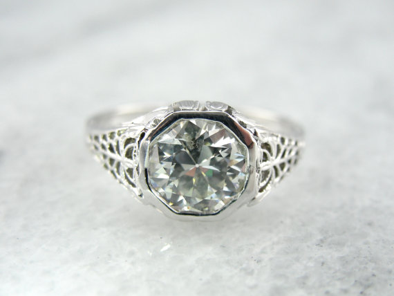 Hochzeit - One Carat European Cut Diamond in Filigree Art Deco Engagement Ring, Incredible! - FQU13C-P