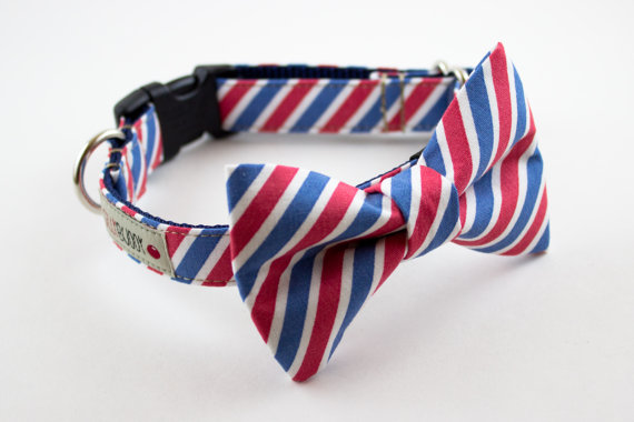 Свадьба - Red White Blue Stripes Dog Bow Tie Collar