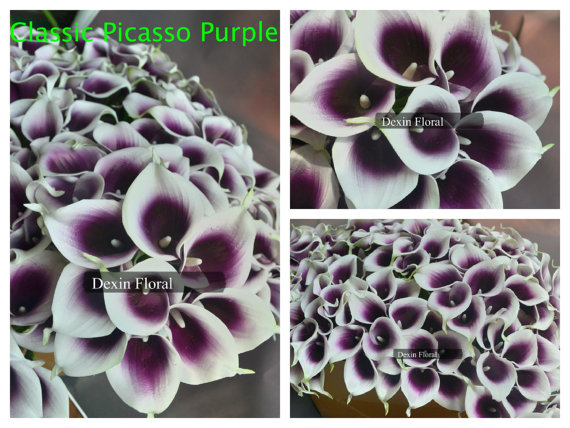 Hochzeit - 9pcs ~ 36pcs Natural Real Touch Picasso Purple-White Calla Lily Stem or Bundle for Wedding Bridal Bouquets, Centerpieces, Decorations