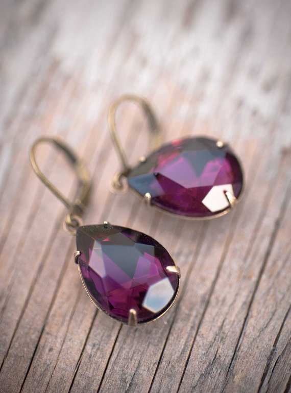 Hochzeit - Amethyst Earrings Radiant Orchid Estate Style Dangle Vintage Earrings Bridal Party Jewelry Dark Purple Bridesmaids Gift