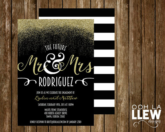 Hochzeit - Chic Black Gold and White Mr. and Mrs. Engagement Party Invitation