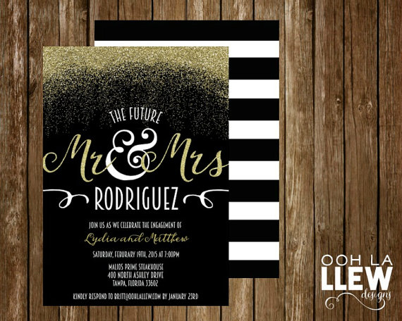 زفاف - Chic Black Gold and White Mr. and Mrs. Engagement Party Invitation