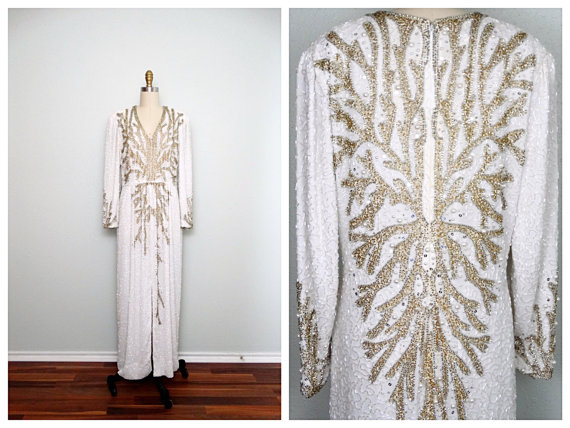 Wedding - Gold & Silver Pearl Beaded Gown // White and Gold Beaded Dress // Art Deco Wedding Gown Large