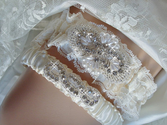زفاف - Color Choice Lace Wedding Garter Set, Ivory Lace Wedding Garter Belts, Pearls and Rhinestone Wedding Garter Set, Bridal Accessories