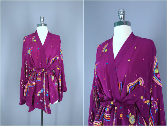 Hochzeit - Kimono / Silk Kimono Robe / Kimono Cardigan / Kimono Jacket / Wedding lingerie / Vintage Sari / Art Deco / Downton Abbey / Sequined Kimono