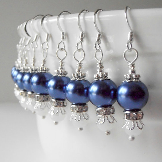 Hochzeit - Dark Blue Pearl Earrings Midnight Blue Bridesmaid Jewelry Beaded Dangles Nautical Weddings