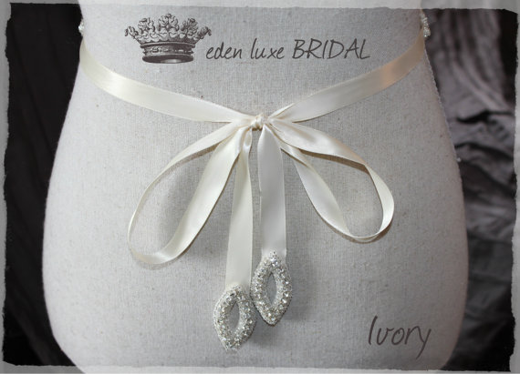 Hochzeit - Bridal Sash Crystal Embellished, Crystallized Ivory Wedding Dress Sash, Wedding Dress Embellishment, Wedding Dress White Sash, Bridal Belt
