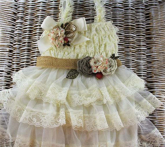Hochzeit - Rustic baby dress,Lace Flower Girl dress, Champagne country flower girl dress ready to ship,baby ruffle dress, ivory lace dress, burlap sash