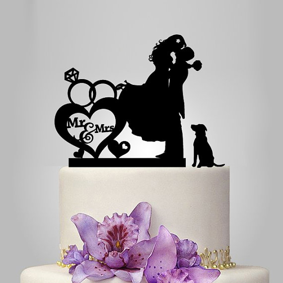 Свадьба - Funny wedding cake topper, dog cake topper, Mr&Mrs cake topper, groom and bride silhouette cake topper, rings topper, Acrylic cake topper