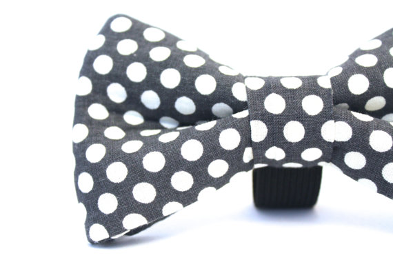 زفاف - Dog Bow Tie, Grey and White Polkadots