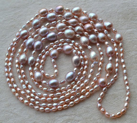 زفاف - Lavender Pearl Necklace.3-8mm Freshwater Pearl necklace,58 inches Long pearl necklace, wedding Jewelry ,Free Shipping