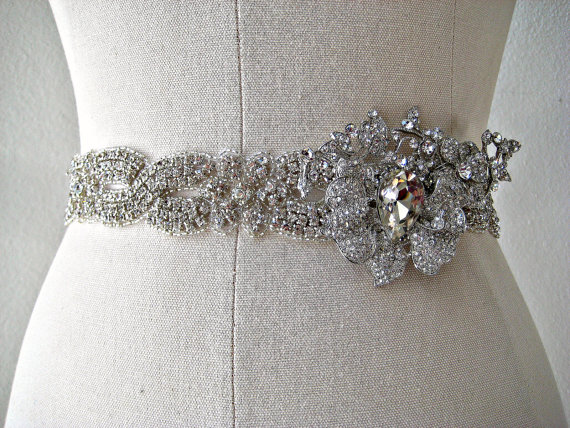 Hochzeit - Bridal beaded crystal sash with glam orchid jewel piece.  Embellished rhinestone wedding belt. EXOTIC ORCHID