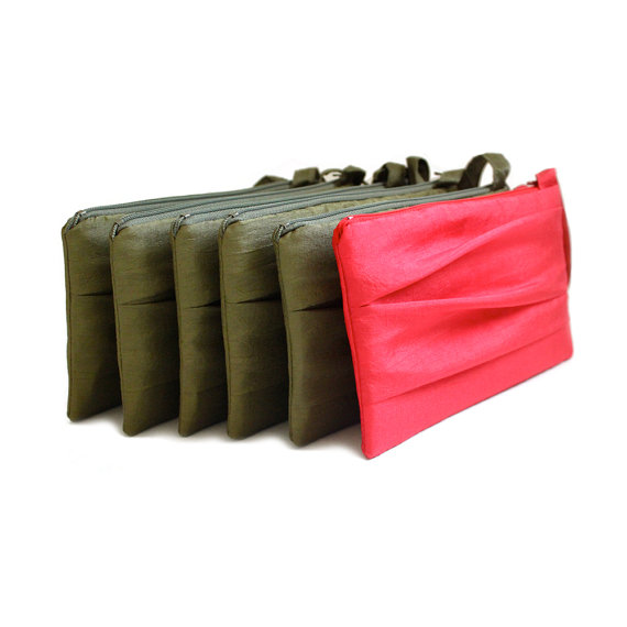 Wedding - SET OF 6 Pleated Bridesmaid Clutches - Wedding Wristlet Purse - Olive Fuchsia Silver Gold - Many Colors