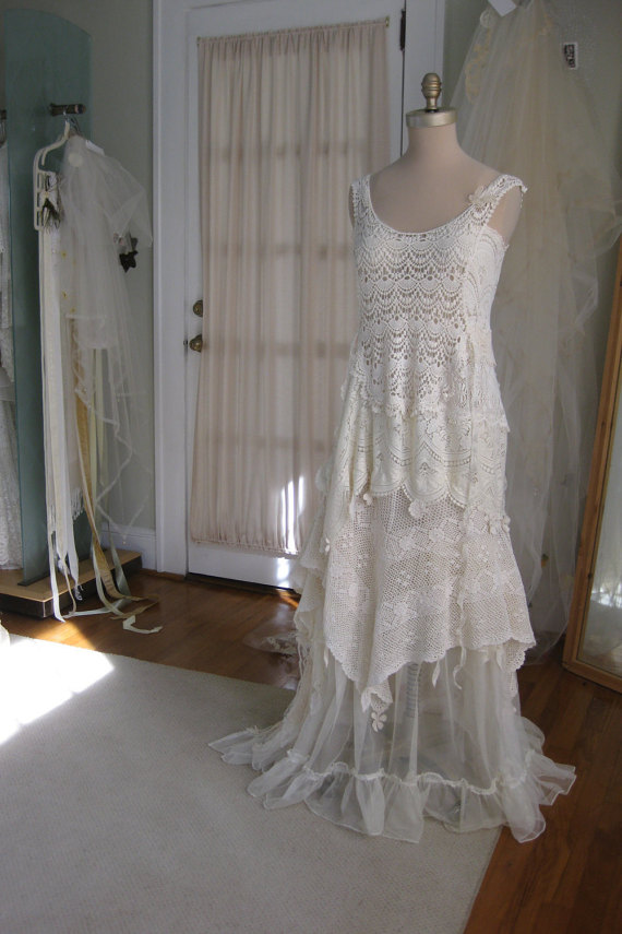 Hochzeit - Rustic Hippie Fairy Crochet Flapper Wedding Dress