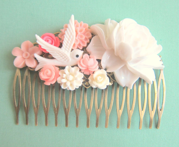 زفاف - Bridal Hair Comb Pink Wedding Hair Accessories Bride Floral Flower Blush Tea Rose White Bird French Ivory Soft Romantic Bridesmaid Gift