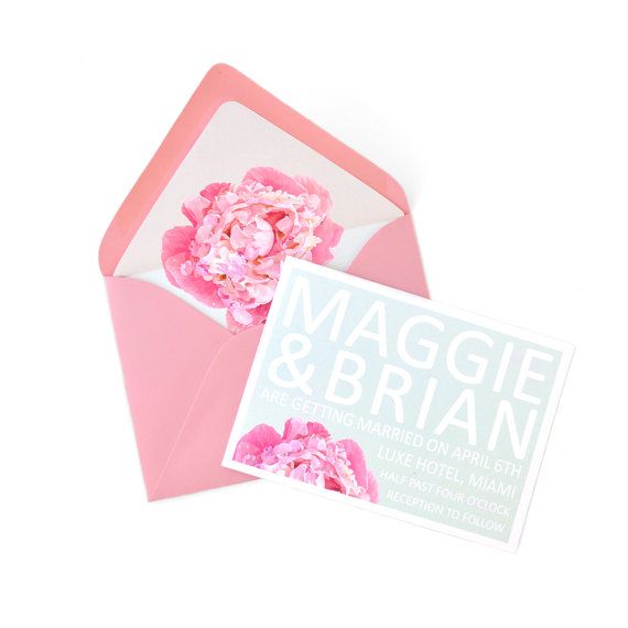 Mariage - Happy Modern Mint & Pink Wedding Invitations With Pink Peonies, Kraft Envelopes, Gold String - FREE SHIPPING - Maggie Collection
