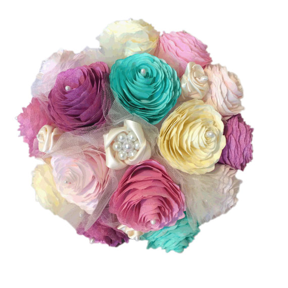 Hochzeit - Romantic Peony bouquet, Satin ribbon bouquet, Brooch bouquet, Pink Teal orchid and ivory bouquet, Lace & ribbon bouquet, Paper Peony Bouquet