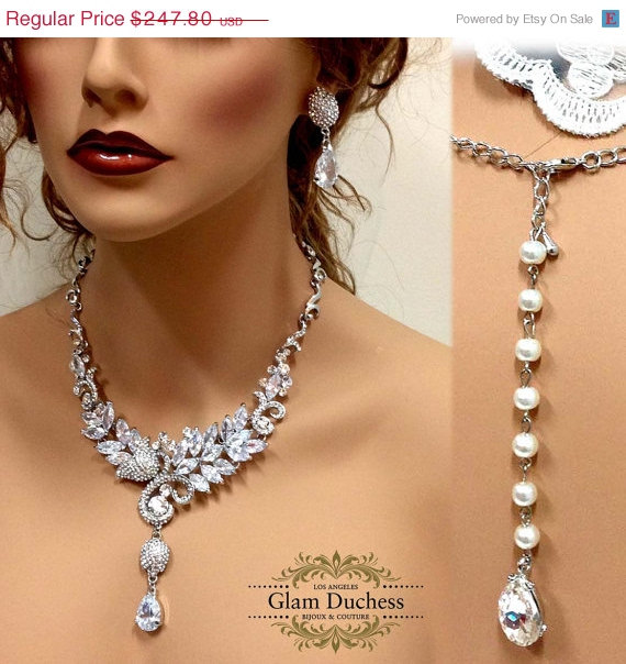 زفاف - Wedding jewelry set, Bridal necklace earrings, Crystal rhinestone back drop necklace statement, crystal jewelry set